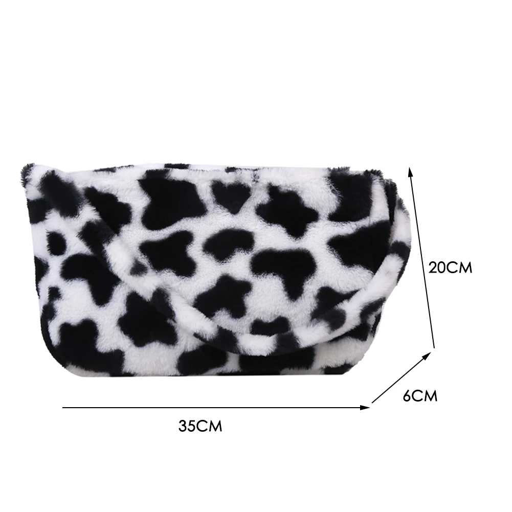 

Cute Milk Cow Pattern Women Plush Shoulder Bags Ladies Fashion Winter Armpit Pouch Casual Female Soft Warm Fluffy Handbag Totes