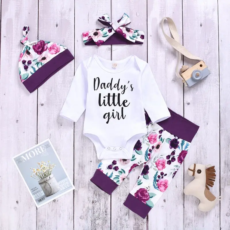 

Baby's Sets Four Piece Girls Letter Printing Long Sleeved Bodysuit Trousers Hat Hairband Spring And Autumn New