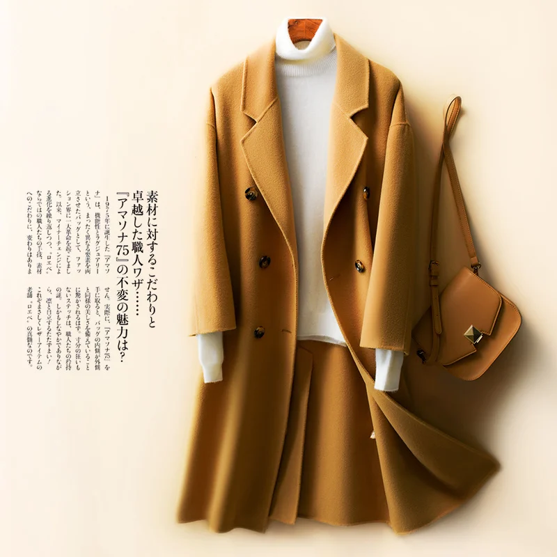 

Autumn and winter New Handmade double-sided cashmere medium and long loose Korean double button wool coat high-end small