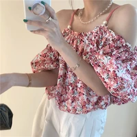 women blouse 2021 new summer shirt sexy off shoulder suspender top short puff sleeve shirt for girls pearl tops female blouses