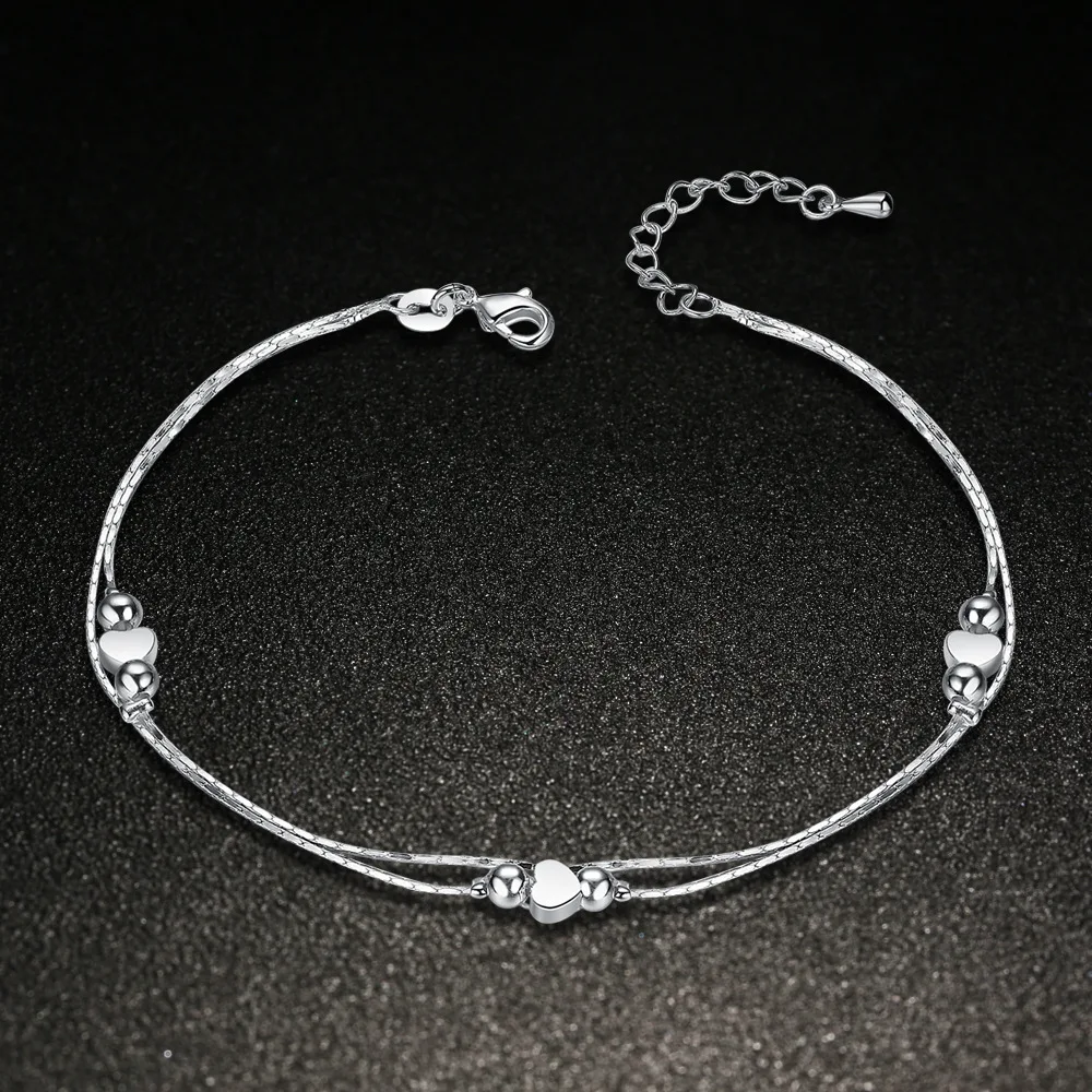 

High Quality 925 Sterling Silver Love Heart Multi-Storey Foot Chain Bracelet 25CM Women Party Charm Jewelry Gifts