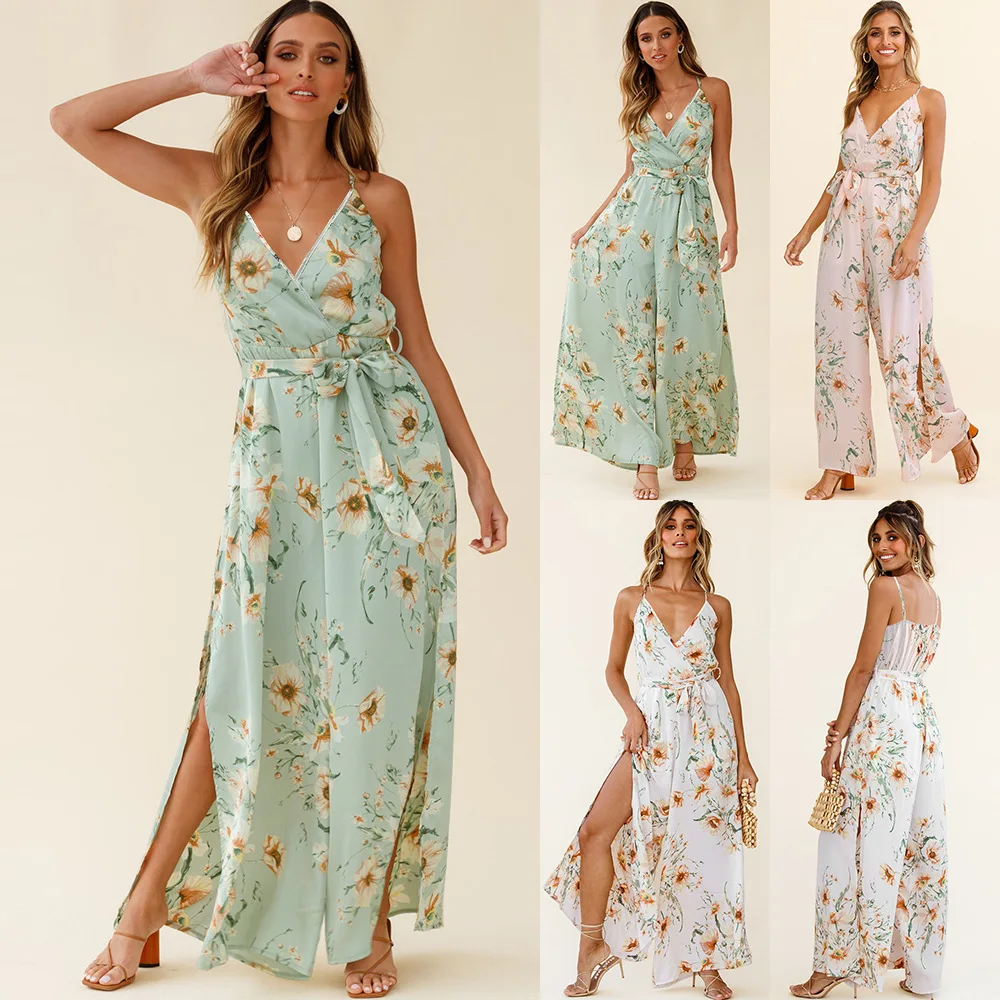 

2021 spring/summer New Floral printed Casual Jumpsuit Beach Style Lace Up narrow straps V-neck top long pant one-piece jumpsuit