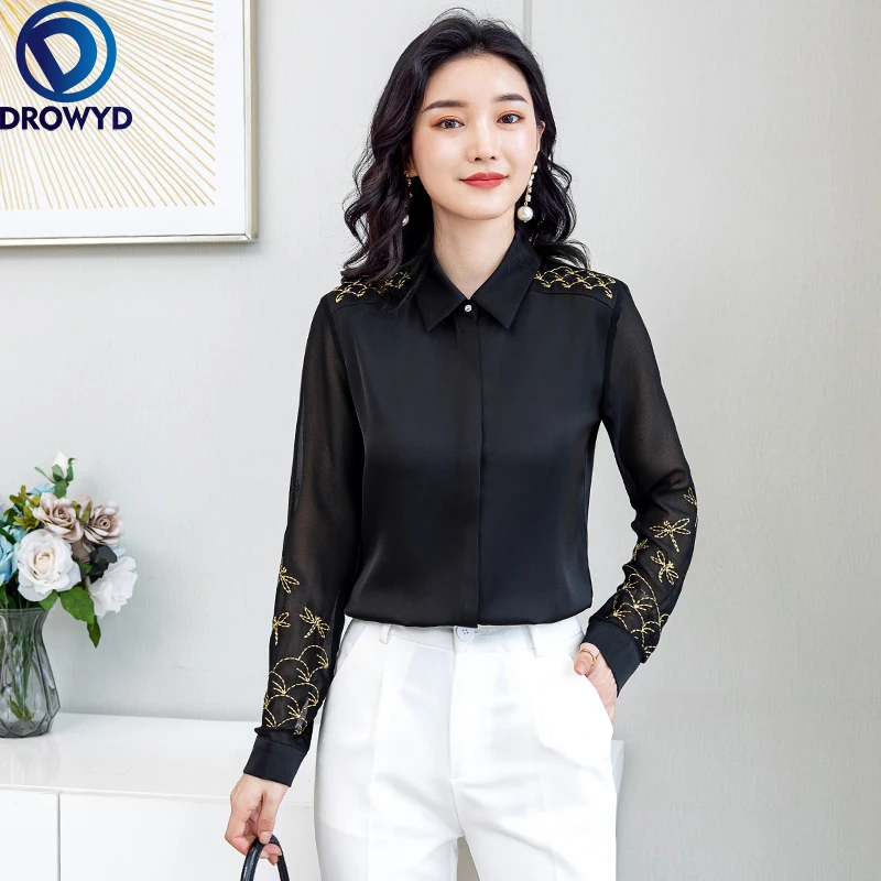 

Женская обувь; Сезон весна-осень; Стиль шифон женские блузки рубашки с вышивкой с длинным рукавом и отложным воротником для девочек, воротни...