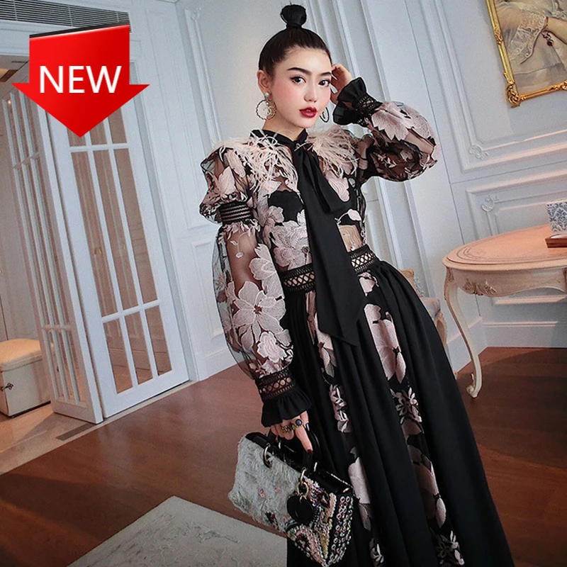 

Кружевное прозрачное вечернее платье с длинным рукавом-фонариком, женское длинное летнее платье с вышивкой