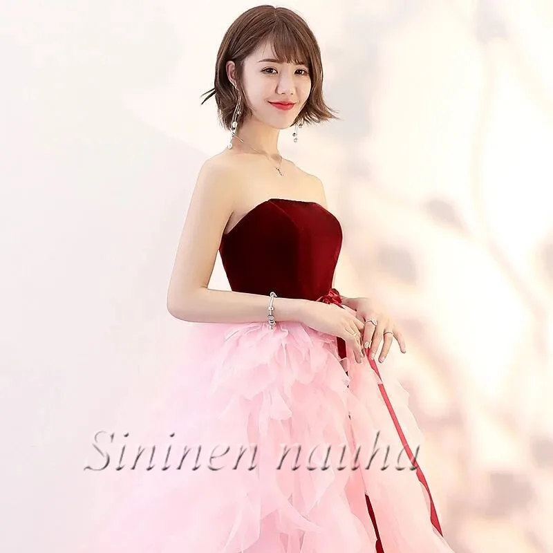 

Pink Evening Dresses Strapless A Line Tiered Tulle Elegant Formal Dress for Weddings Guest Vestidos De Festa Robe De Soiree 436