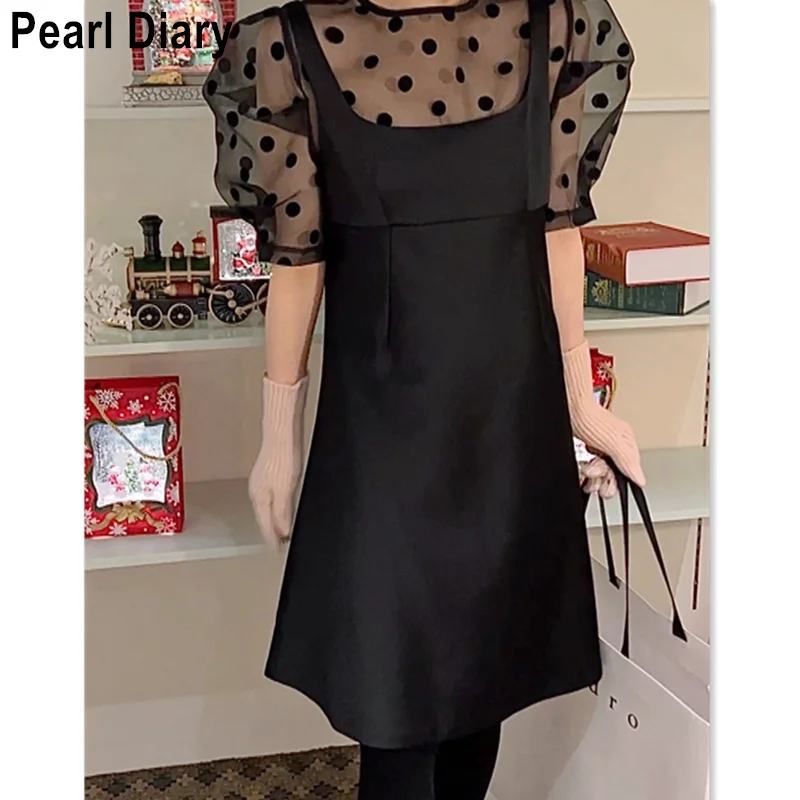 

Spring Summer Two Piece Set Women Short Sleeve Polka-dot Transparent Blouses + Black Strap Dress Sets Emmble Femme 2 Pieces