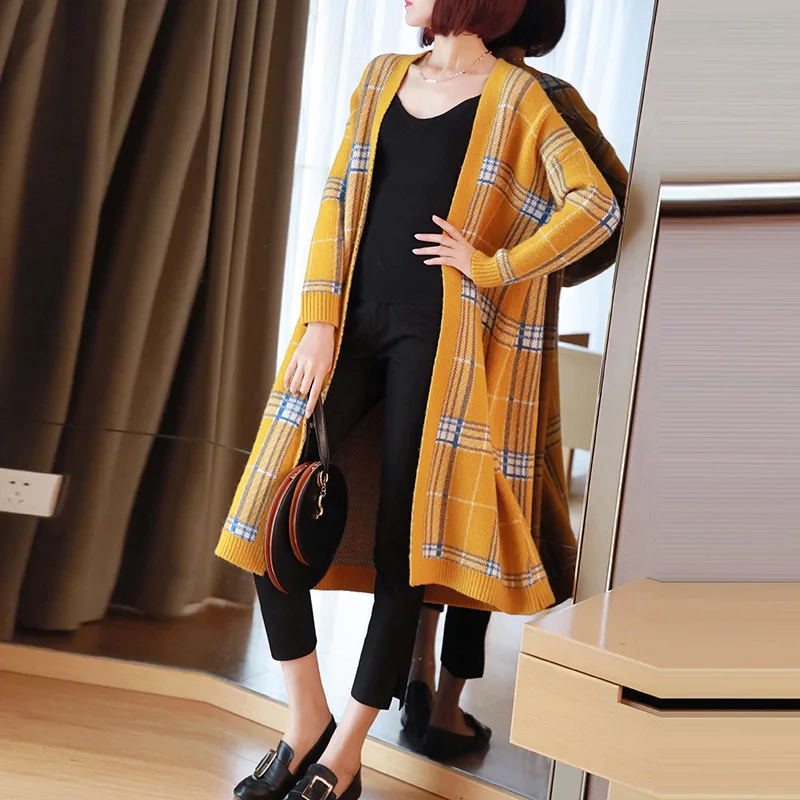 

Plaid sweater coat and long sections 2019 new women's large size loose long-sleeved knit cardigan