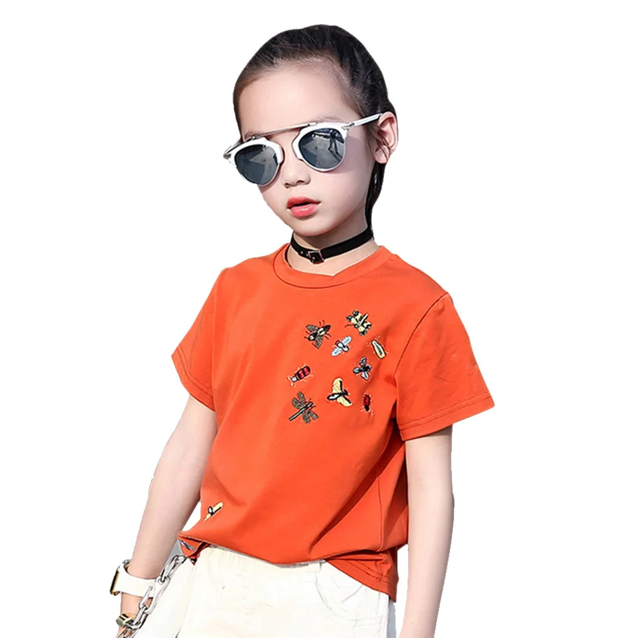 Футболки для девочек футболка с вышивкой детский летний топ однотонные футболки