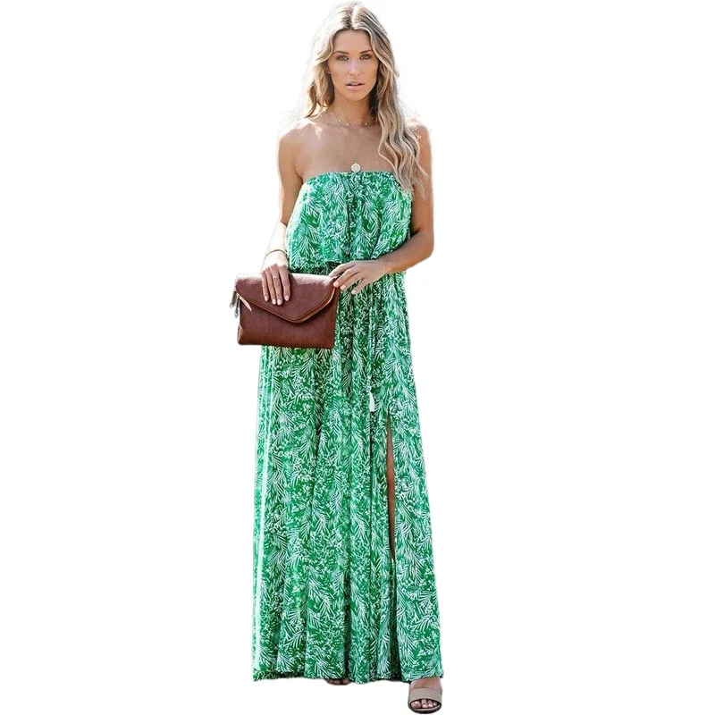 

Long Vacation Style Leaves Printed Dress Women Ruffles Backless Split Dress New Fashion Summer Beach Dress Vestidos