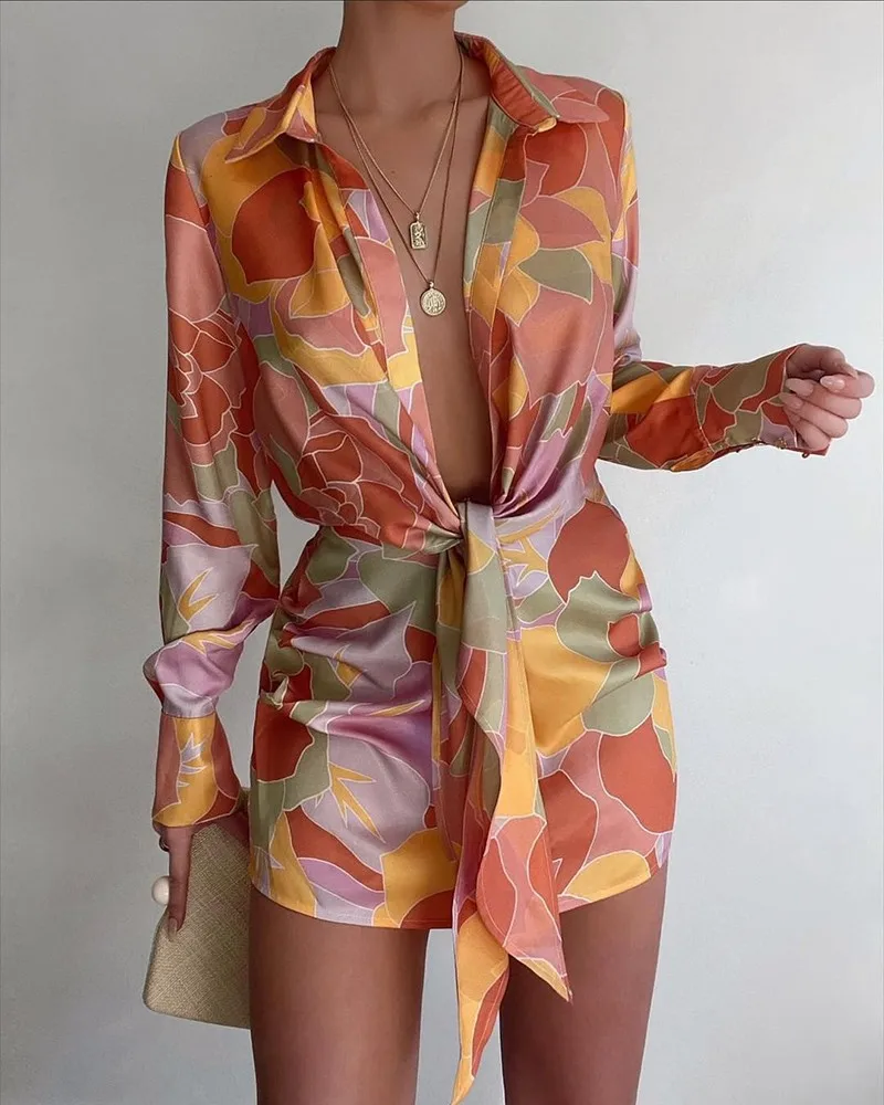 Women's Dress Plunge Graphic Print Tied Detail Shirt Dress Women's Short Skirts Casual Beach Style Dress