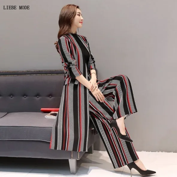 

Women's Elegant Striped Pantsuits Long Trench Coat and Wide Leg Pants Women 2 Piece Sashes Jacket Sets Lady Loose Trousers Suits
