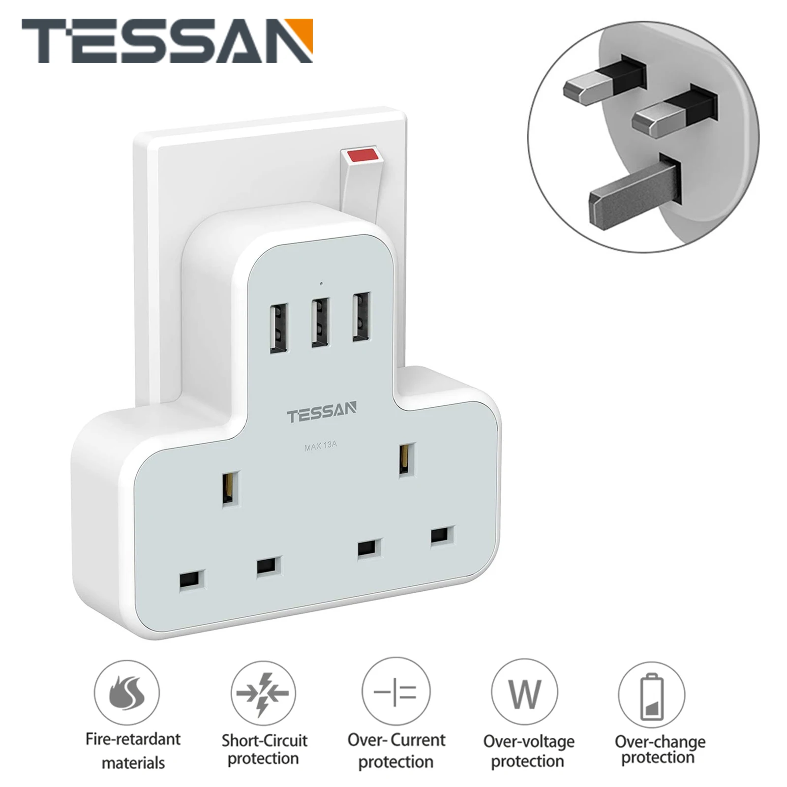 

TESSAN UK 5-IN-1 Electrical Plug Extender with 2 Way Outlets and 3 USB Ports (2.4A), 13A UK USB Wall Charger for Home, Office