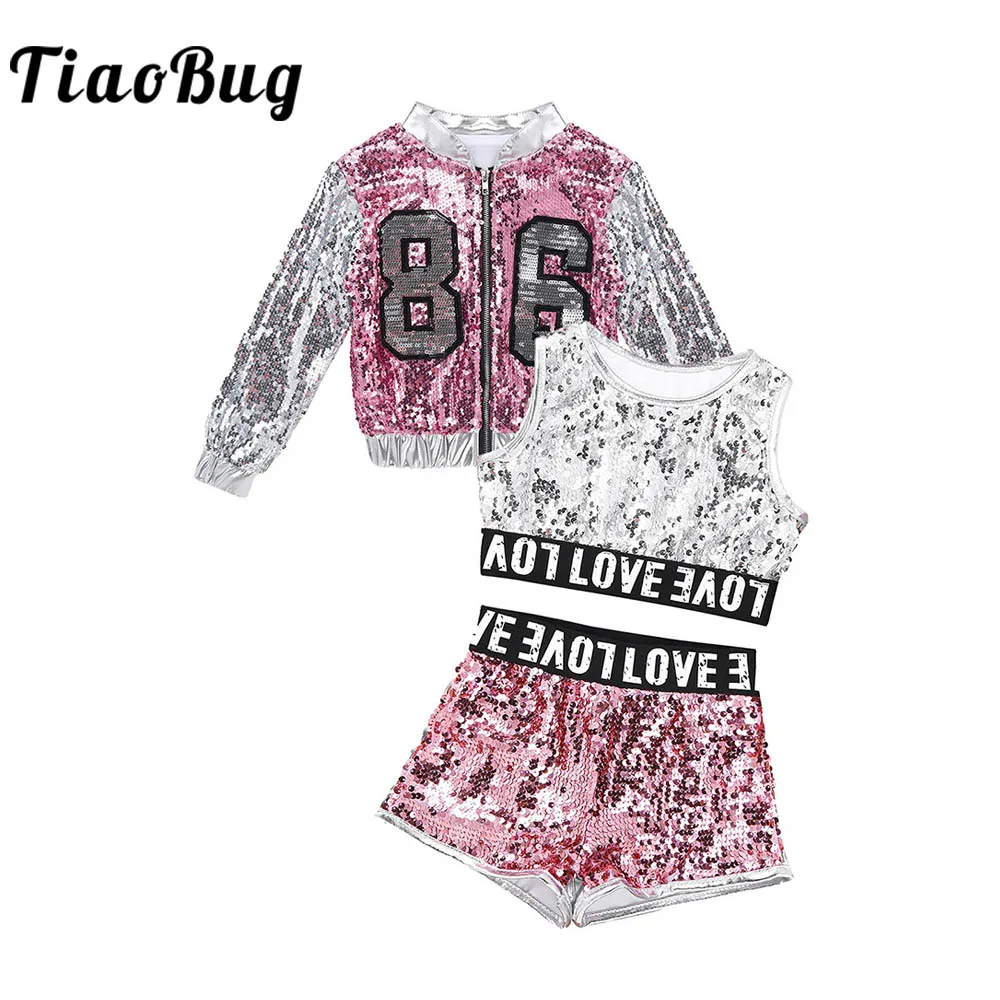 

Kids Girls Jazz Performance Costumes Hip Hop Modern Street Dance Competition Outfits Crop Tops Shorts for Kids Dancing Clothing