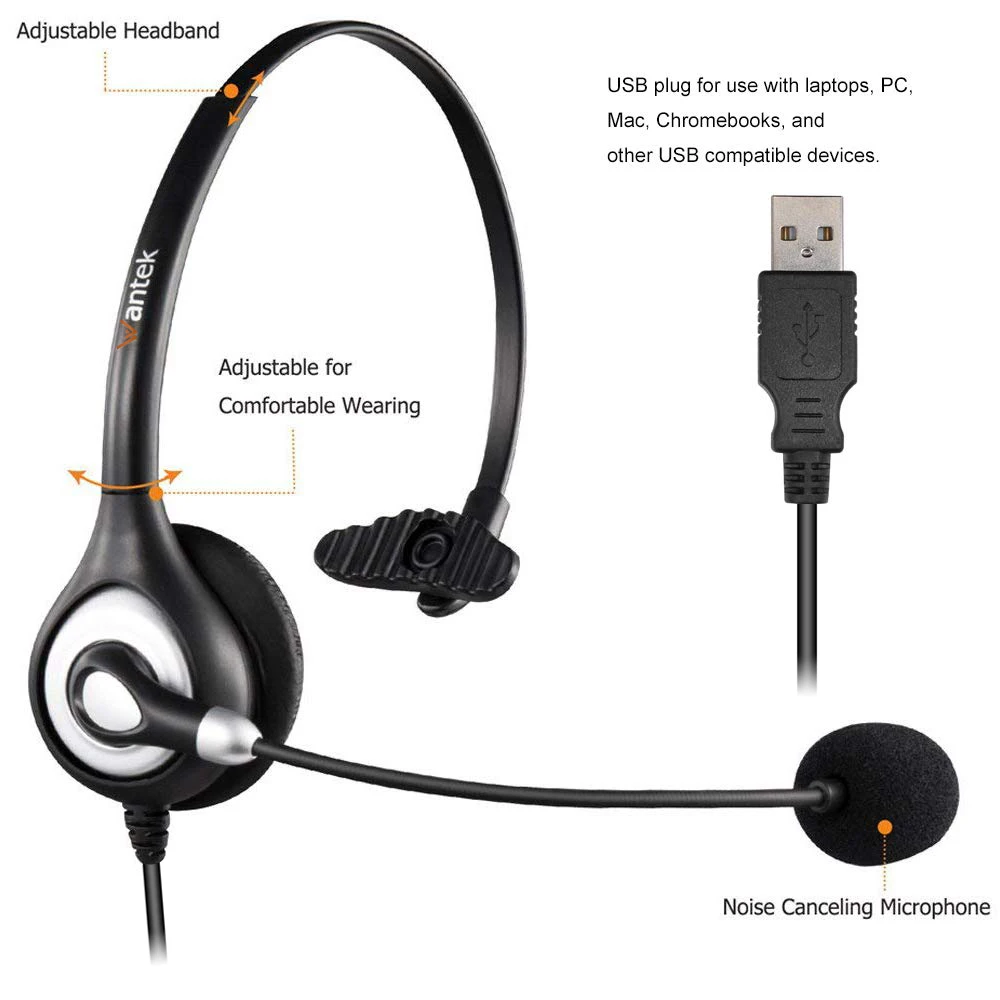 Wantek UC600 моно USB гарнитура Lighhtweight компьютерная с микрофоном и встроенным