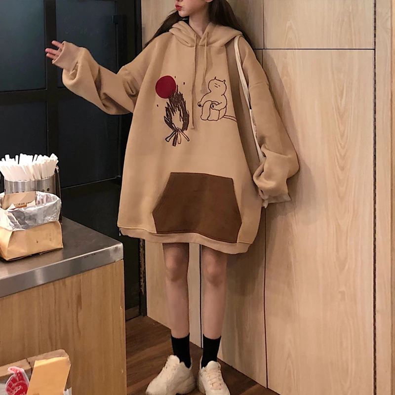 

Waitmore Hooded Sweater Women's Autumn and Winter Fleece-Lined Thickened Ins Loose Korean Style Boyfriend Idle Style Small Coat
