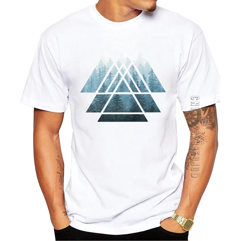 

100% Cotton Misty Forest Men T-Shirt Fashion Sacred Geometry Triangles Printed Graphic Tshirt O-Neck Homme Cool Tops Funny Tees