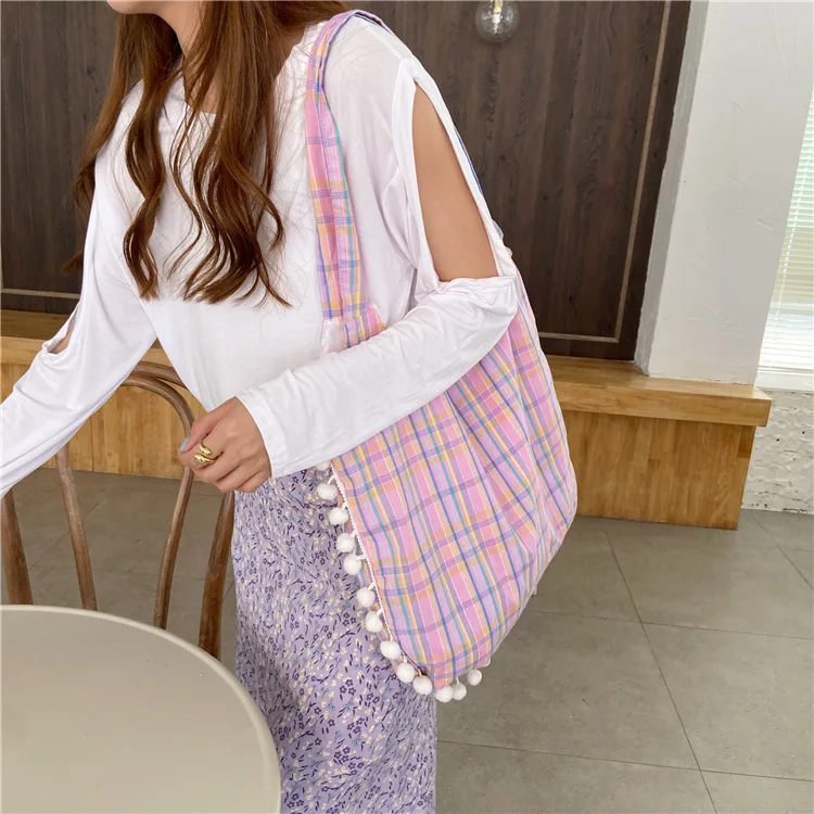 

PURFAY Check Capacity Women Shoulder Bag Cotton Tote Shopper Bag Eco Reusable Travelling bag Cloth Messenger Bagg