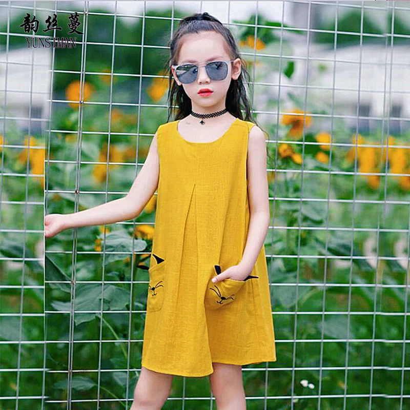 Детское хлопковое платье для девочек летнее синее желтое с мультяшным котом 3-12