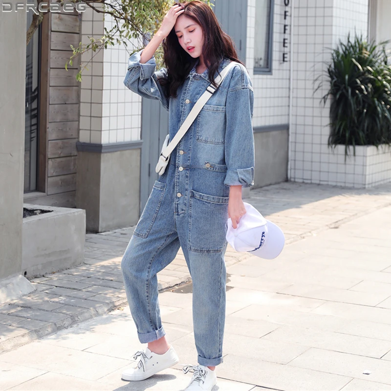 Свободный джинсовый комбинезон с широкими штанинами Женский Повседневный