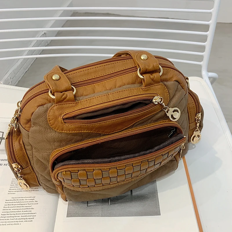 

Retro Women Soft PU Leather Messenger Bag Multi-zip Decoration Casual Travel Shoulder Handbags Female Elegant Designer Satchels