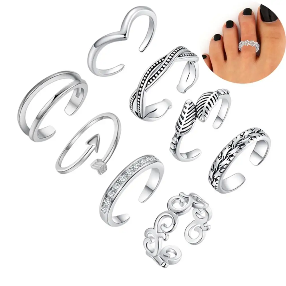 

8-Piece Set Explosion Fashion Toe Rings for Women Girl Summer Beach Geometry Folk-Custom Knuckle Ring Foot Jewelry Wholesale