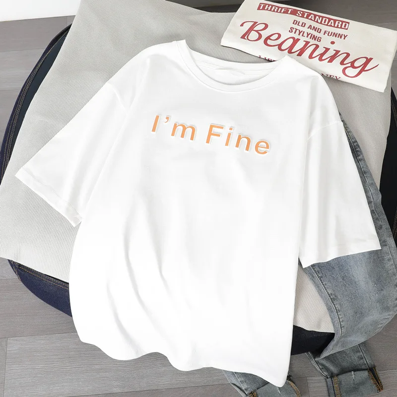 

Tee for women Large size Pattern Letters O-neck Short sleeves Solid color DM001