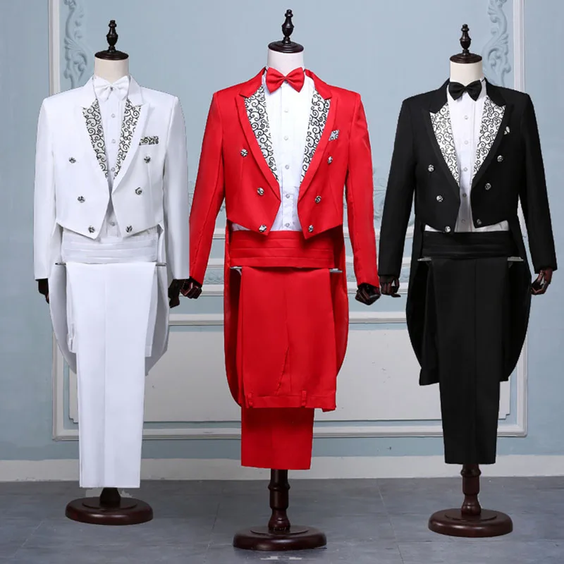Chaqueta y pantalones para hombre, traje de esmoquin de Jacquard en color blanco, negro y rojo en la cola con solapa, traje de cantante de escenario para hombre, trajes de esmoquin para novio y graduación (chaqueta + Pantalones)