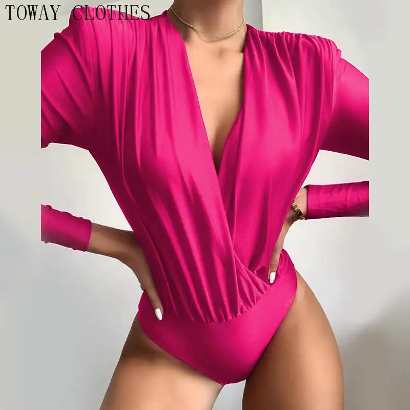Розовый красный глубокий v-образный вырез сексуальный длинный рукав комбинезон