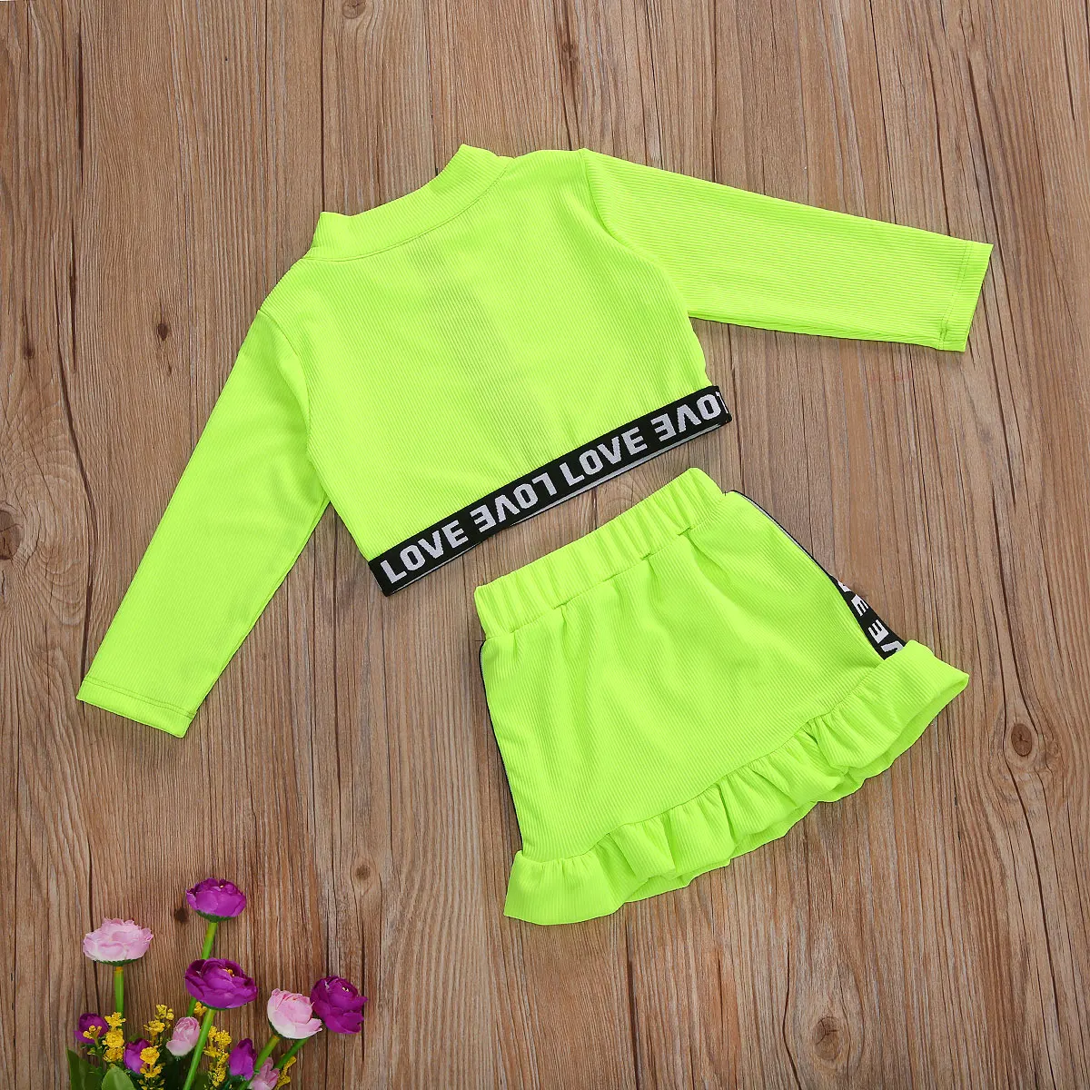 

2021 New Spring 6M-5Y Kid Baby Girl 2Pcs Set Zipper Long Sleeve Love Letter Print Top+Ruffled Bow Skirt Gray/Green Clothes