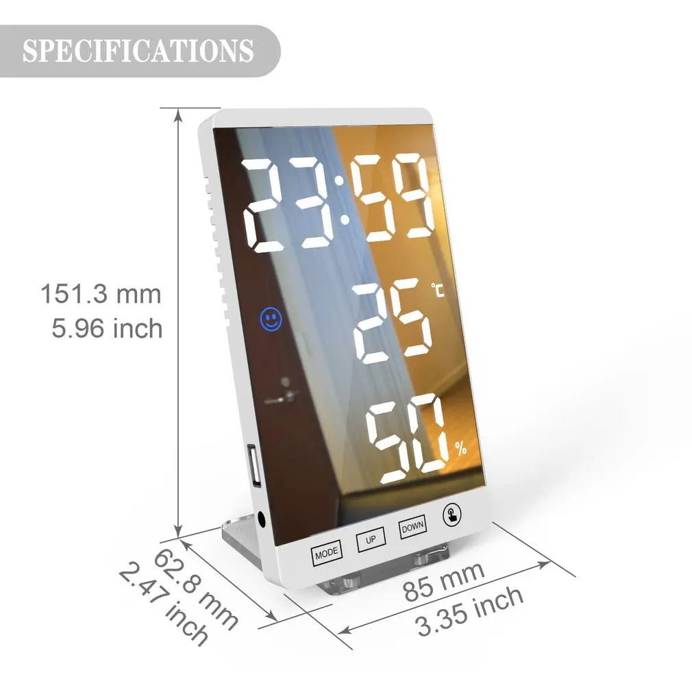 

6 Inch LED Mirror Alarm Clock Touch Button Wall Digital Clock Time Temperature Humidity Display USB Output Port Table Clock