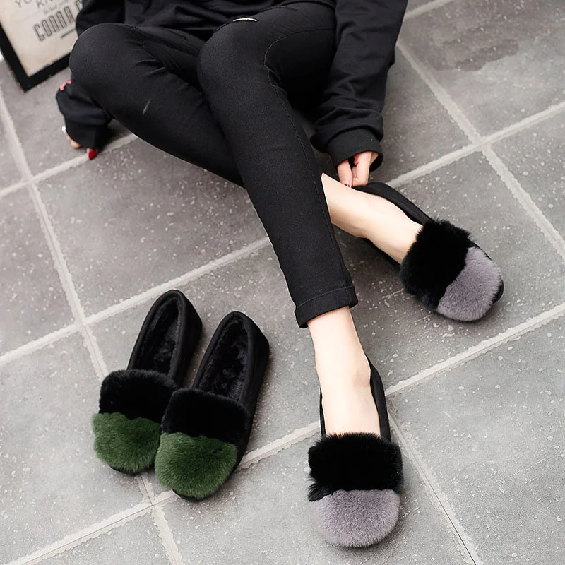 

Winter Women Block Colors Fur Flats Moccasins Femme Plush Slip on Loafers Non-slip Shallow Round Toe Shoes Rabbits Fur Ballerina