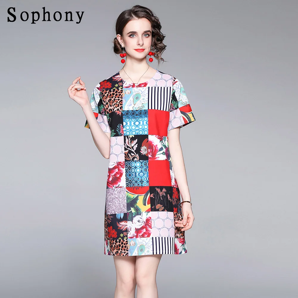 

Women's Retro Polka Dot Leopard Print Rose Stripe Foral Loose A Line Mini Party Vestidos 2021 Summer Runway Fashion Dress 5901