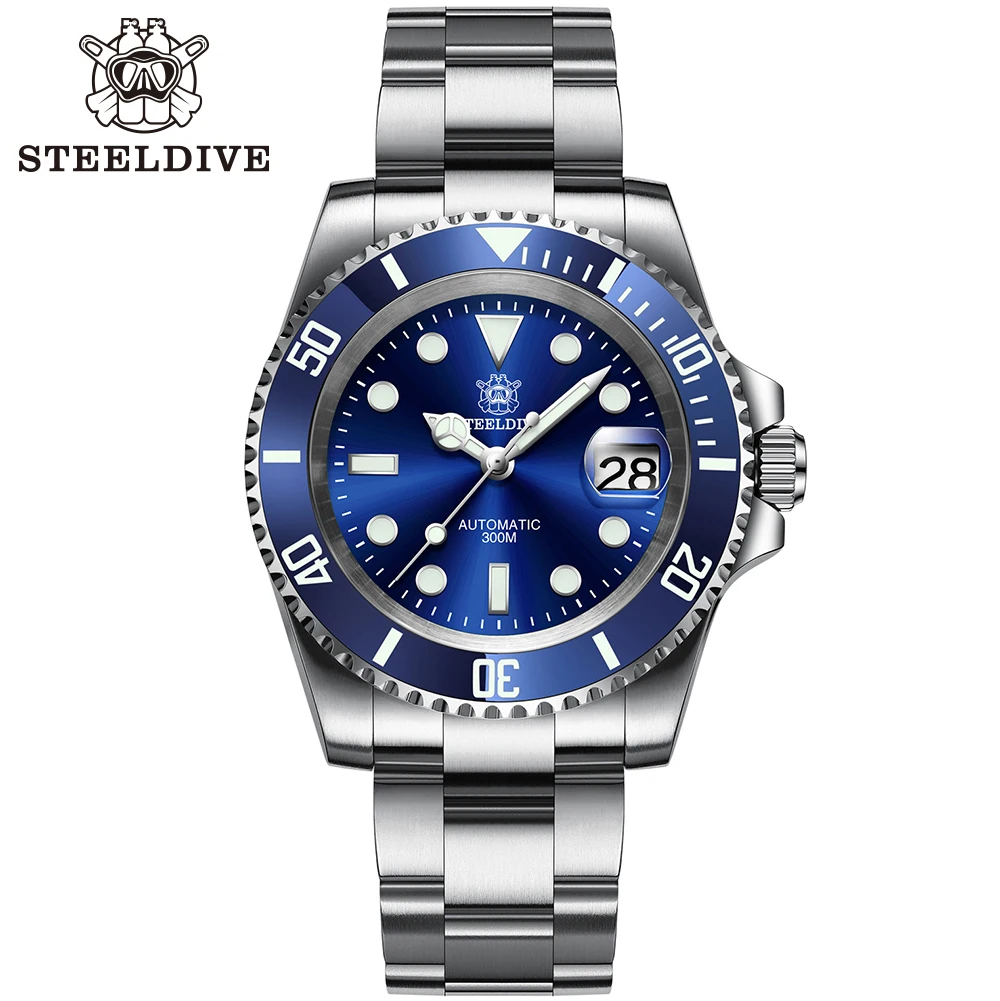 Relógio de Mergulho Safira dos Homens Nh35 com Vidro Inoxidável Mecânico Steeldive Relógios Mostrador Azul Luminoso Sd1953 Aço