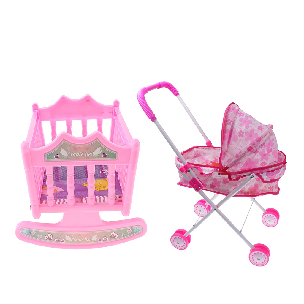 Розовая кукольная коляска пластиковая и детская кроватка миниатюрная для куклы