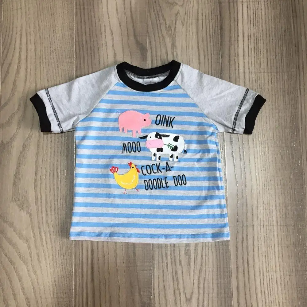 

baby boys summer clothes farm T-shirts baby kids stripe blue top pig milk cow chook print shirt