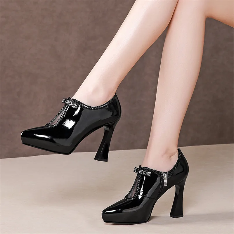 

ANNYMOLI High Heels Women Pumps Patent Leather Zipper Block High Heels Party Shoes Luxury Bow Pointed Toe Shoes Lady Size 34-39