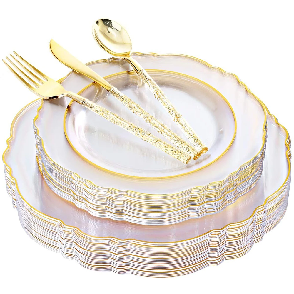 

50 шт. одноразовая посуда в стиле барокко, прозрачная Золотая пластиковая тарелка, серебряная посуда с блестками, подходит для свадеб и вечер...