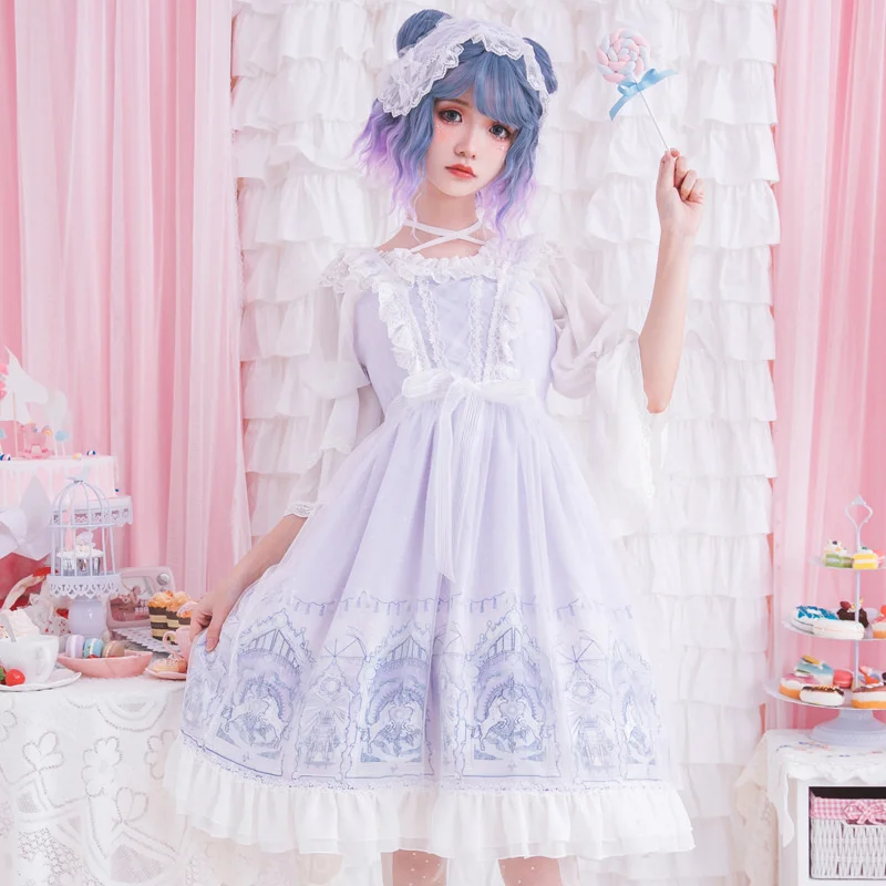

Original Sky Dream Jsk Vintage Kawaii Princess Dress Ruffle Women Lolita Dress Cosplay Costume Girl Lace Bow Lilac Sling Dress
