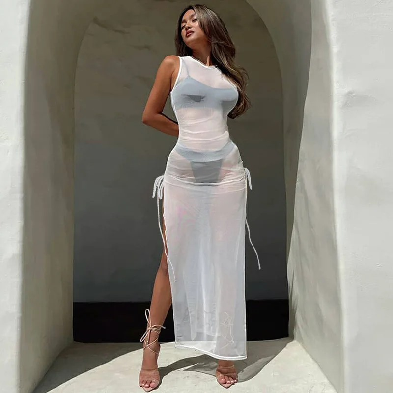

Beach Dress Women 2021 For Bikini Cover Up New Summer Sexy Solid Color Mesh Sleeveless Polyester May Beachwear Swimsuit Clothes