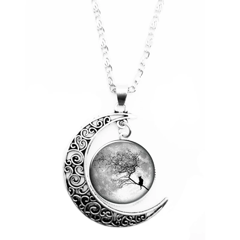 2019 New Retro Fascinating Life Tree and Cat Glass Round Moon Necklace Men's Women's Jewelry | Украшения и аксессуары