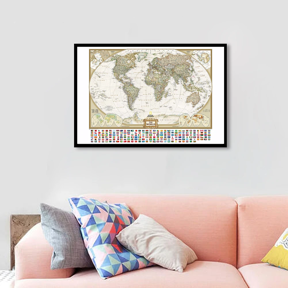 

84*59 Detailed Map of The World with National Flags Retro Wall Art Poster Canvas Painting Classroom Home Decor School Supplies