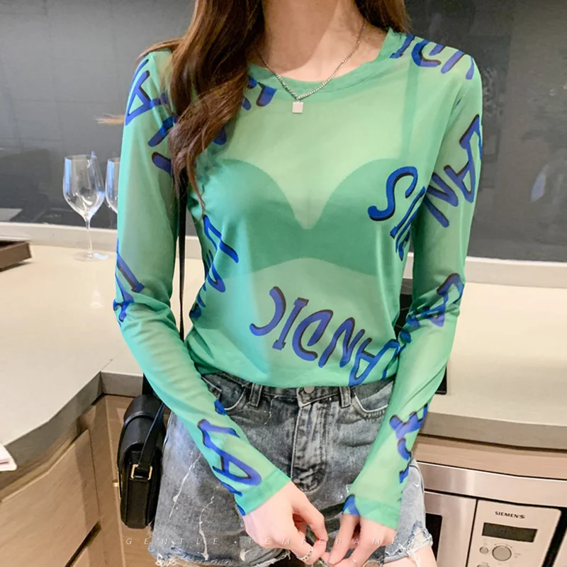 

Женский Летний стиль, повседневные прозрачные блузы с длинным рукавом, круглым вырезом и принтом в горошек