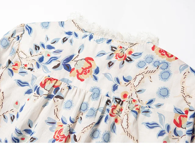 

Women Cotton Blouse Shirt Long Sleeve Lace Hollow out O-neck Floral Printed 2021 Spring Summer Sweet Cloth Tops