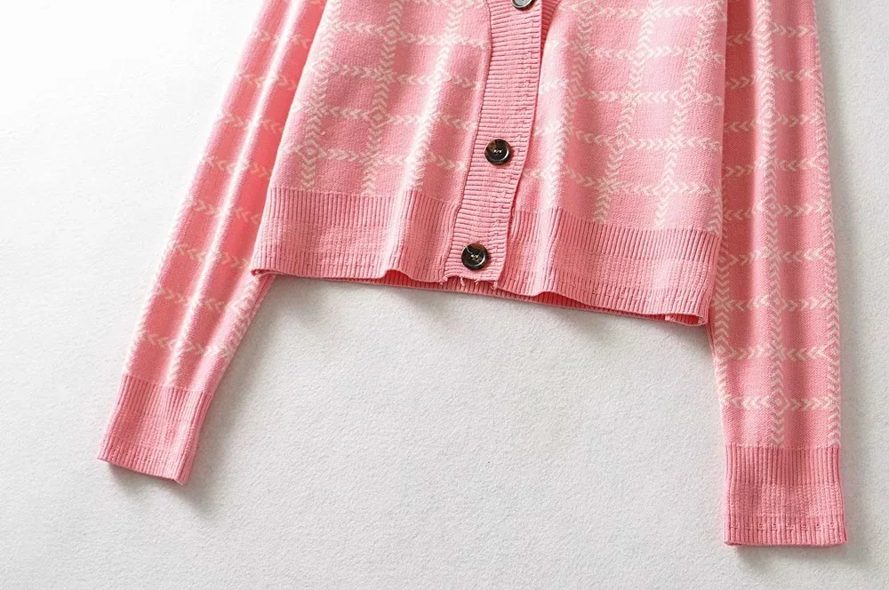 

2020 Pink Plaid Knitted Sweater Women Fashion Slim V-Neck Long Sleeve Sweet Cute Cardigan Sweater Casual Loose Chic Tops