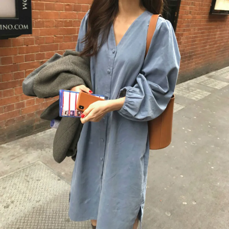 Women Spring Autumn Long Sleeve Cordoroy Shirt Dress V Neck Loose Plus Size Single Breasted Dresses with Waistbelt | Женская одежда