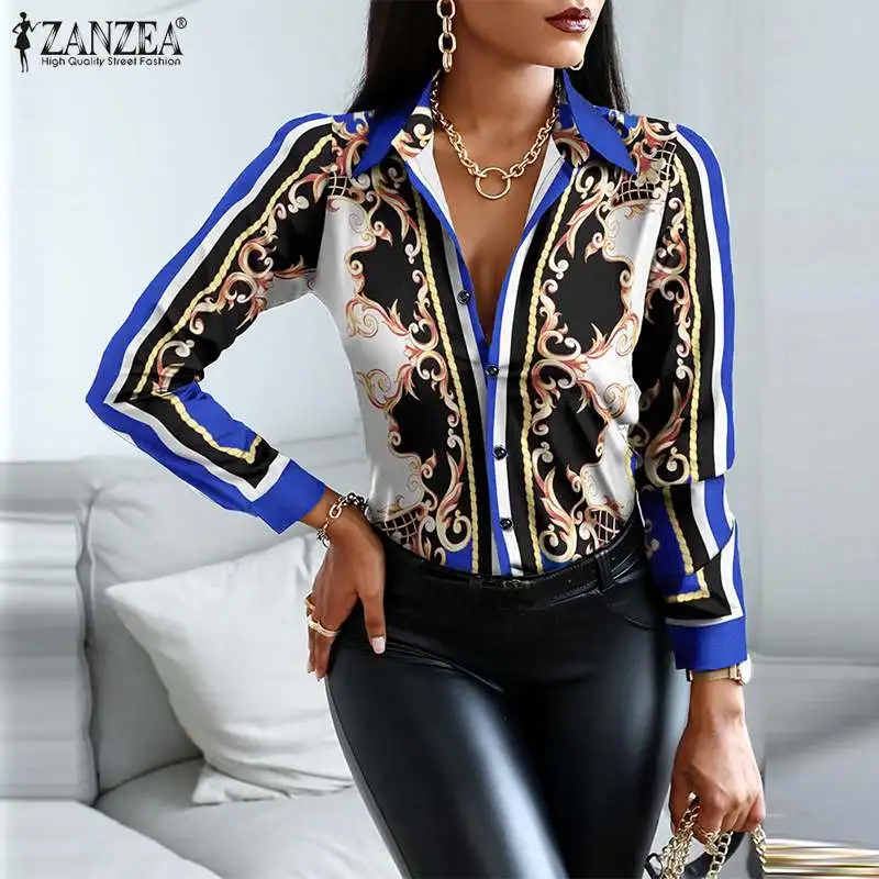 

ZANZEA 2021 Vintage Scarf Printed Blouse Autumn Women Long Sleeve Lapel Shirt Bohemian Floral Blusas Sexy OL Work Tunic Tops