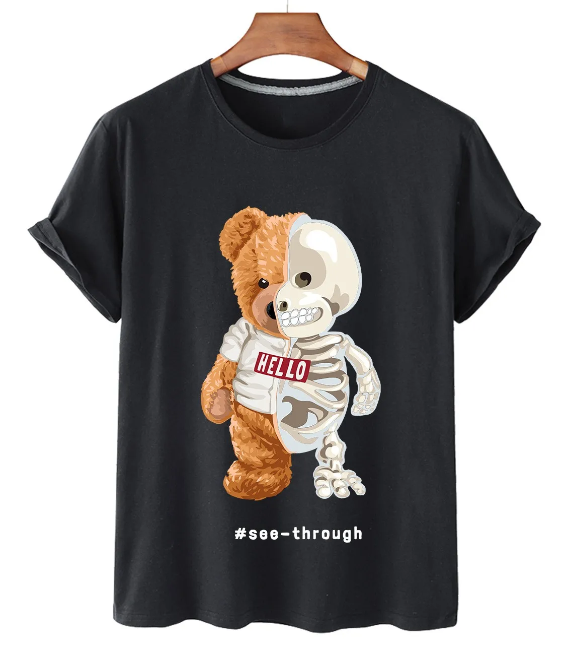 100% de algodón de estampado de oso camisa pantalón corto Casual de manga larga Top de las mujeres Camiseta de cuello redondo Camiseta S-3xl