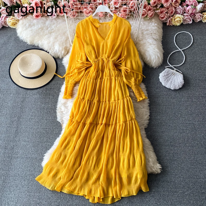 

Gaganight Chiffon Women Long Beach Dress Long Sleeves A Line Lady Holiday Dresses for Woman Fold fashion Solid Bodycon Dresses