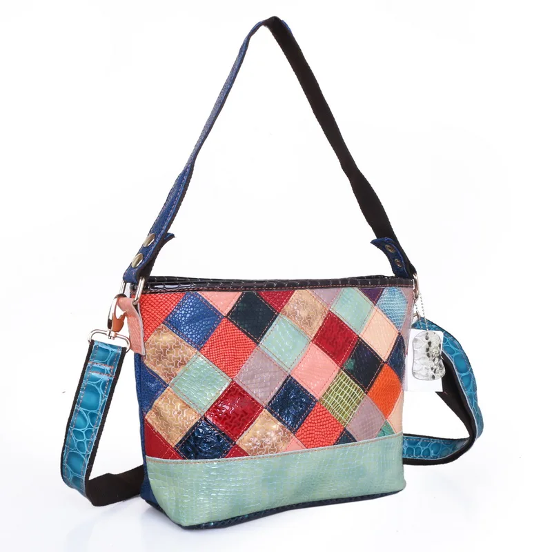 

High quality leather lady leisure stitching geometric pattern Messenger Shoulder Bag fashion women color block small square bag