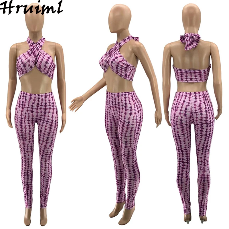 

Dropshipping Tops for Women Summer Long Pants Tie Dye Print Two Piece Set Women Hollow Out Sexy Knitted Fashion Two-piece Suits